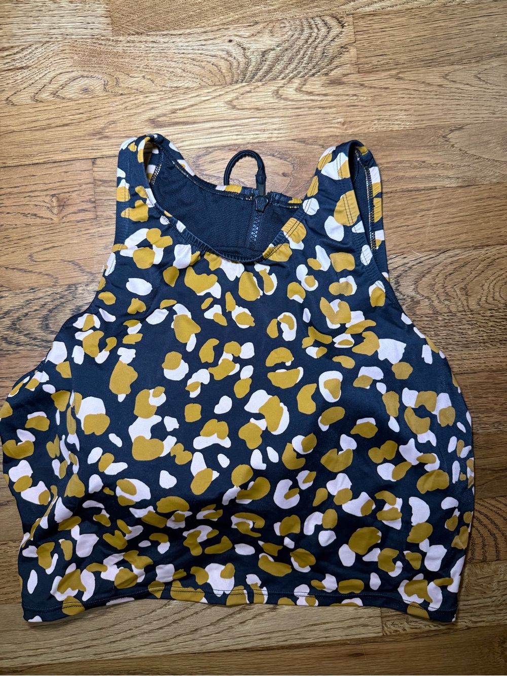 Women’s High-Neck Leopard Print Crop swim suit Top - Black, Mustard & White